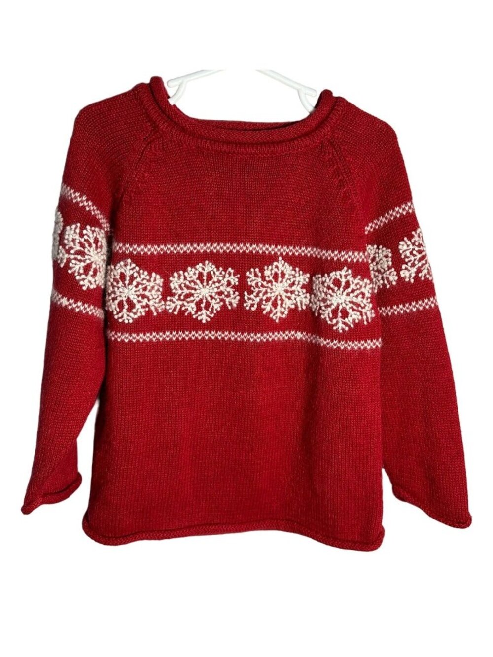 G.H Bass & Co Sweater Boys 6 XXL Red With Snowflakes Rolled Collar and Hem Knit